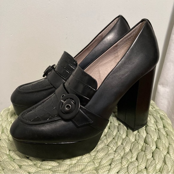 NWOB Gianni Bini Black Leather Croc Embossed Chunky Platform Heel 90’a Loafers - Picture 1 of 8